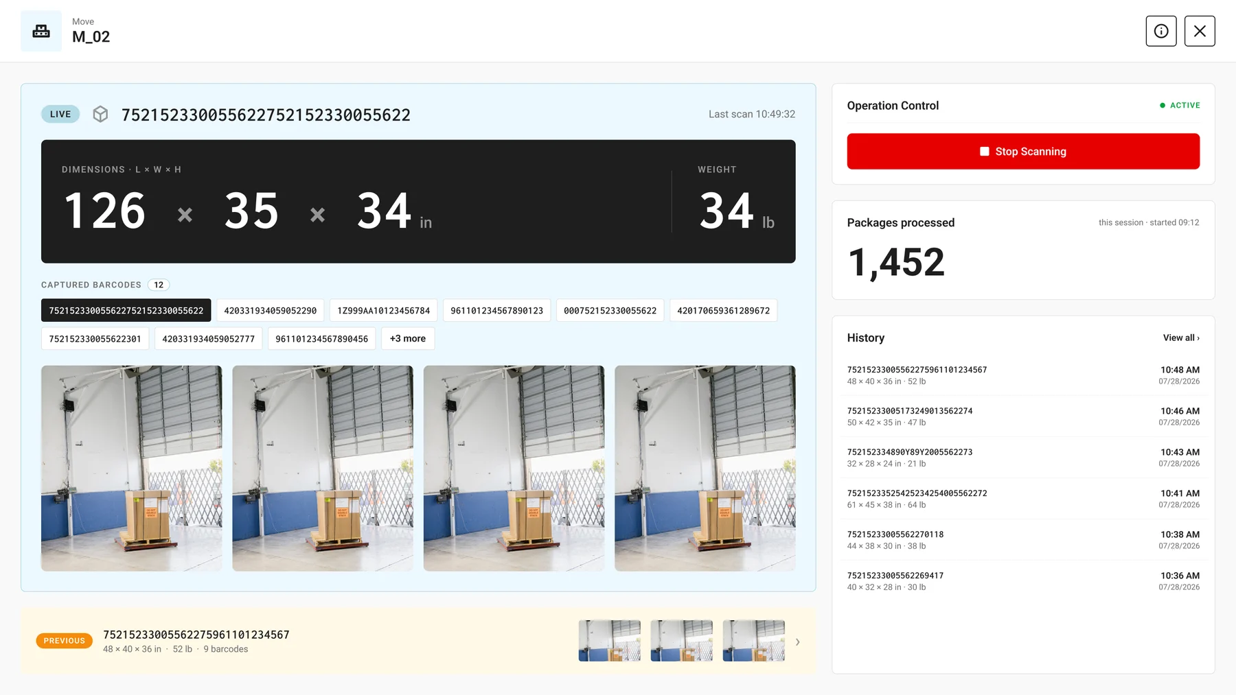 Wilkins Assistant showing live package dimensions, captured barcodes, photos, and processing history.