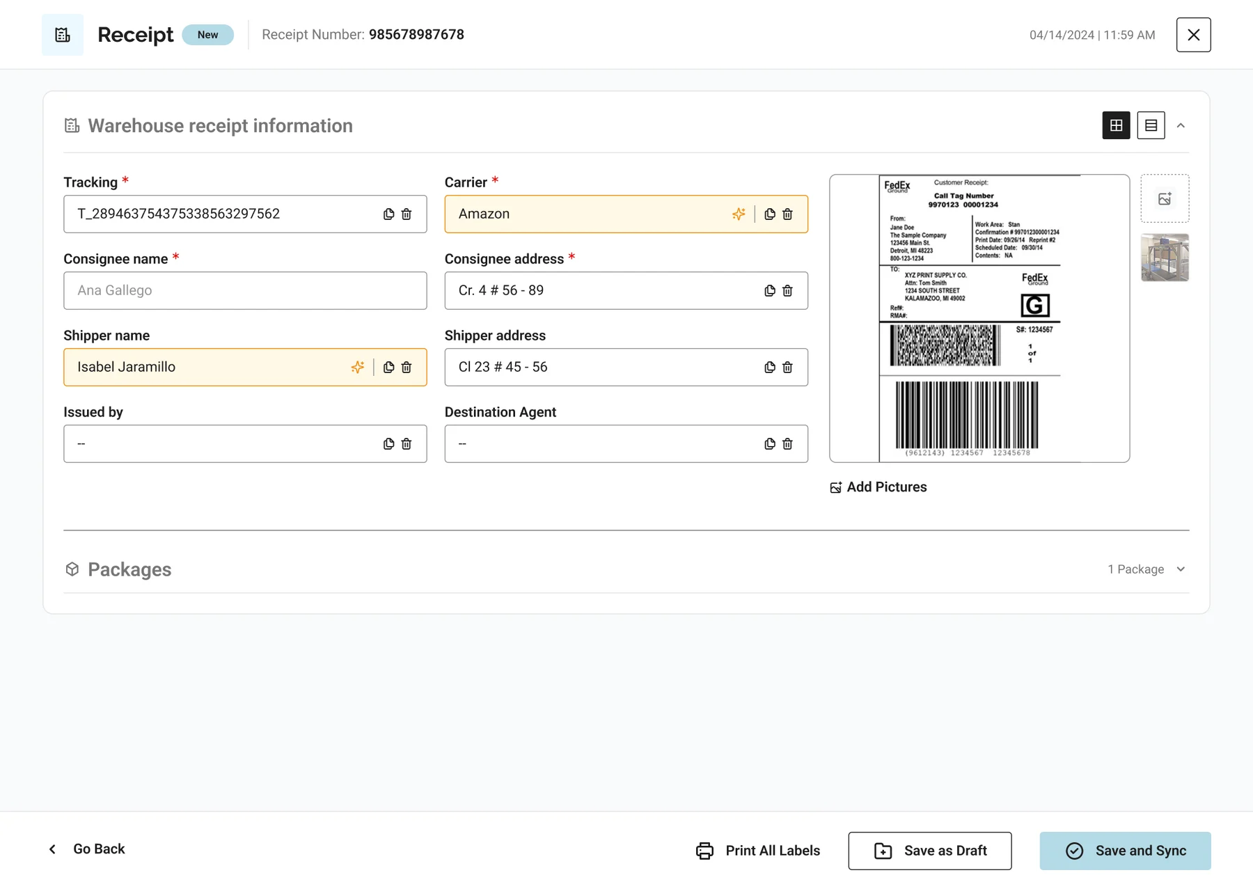 Pantalla de creación de recibo de almacén en Wilkins Assistant con carrier, consignatario, remitente y paquetes extraídos.